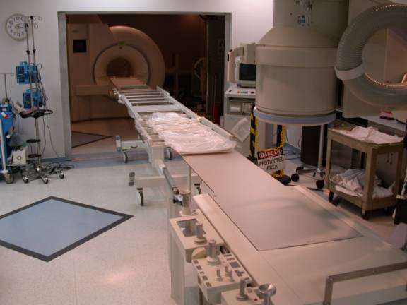 The combined x-ray/MRI laboratory showing a transport system.